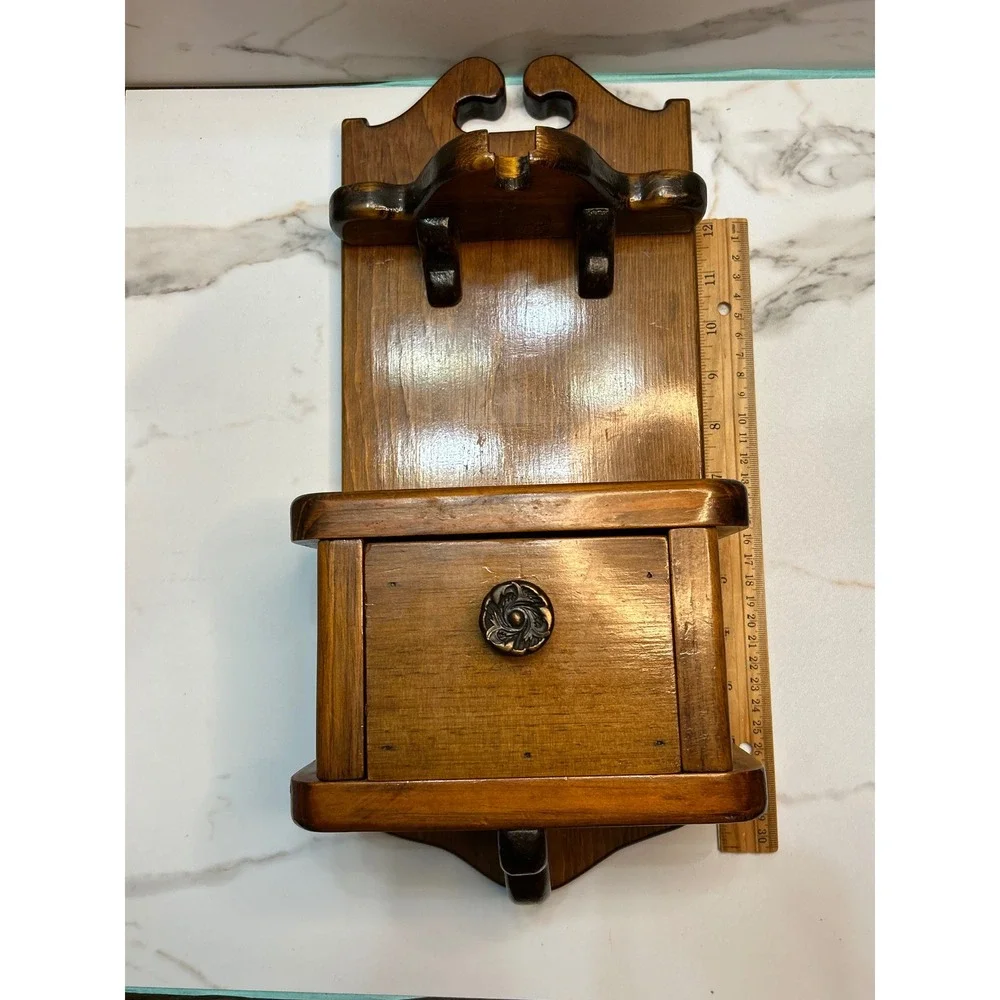 Vintage Wood Wall Mount Organizer Shelf Drawer Hooks Colonial Farmhouse Decor